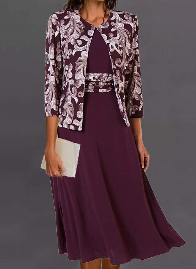 Women's Dress Set Two Piece Dress 3/4 Length Sleeve Print Crew Neck Casual dress